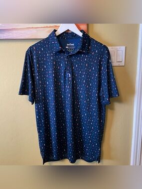 Bogey Bros Golf Co Men's Navy Graphic Print Stretch Polo Shirt Medium